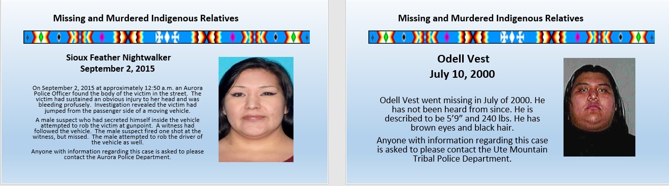 Pictures of two missing or murdered Indigenous persons, Sioux Feather Nightwalker and Odell Vest