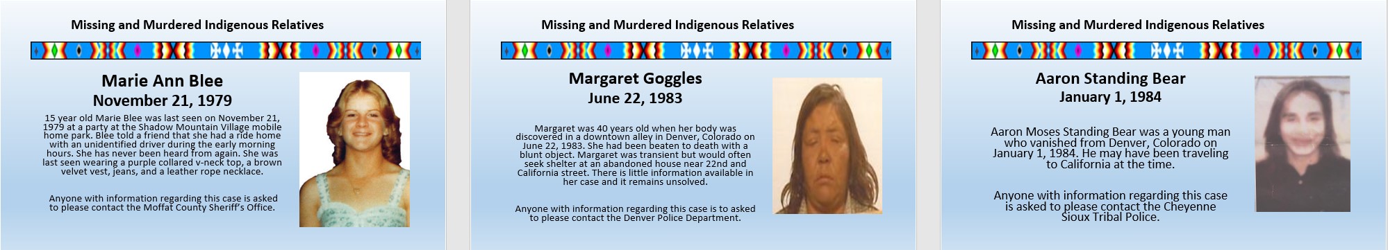 Pictures of three Murdered or Missing Indigenous Persons Marie Ann Blee, Margaret Goggles, Aaron Standing Bear