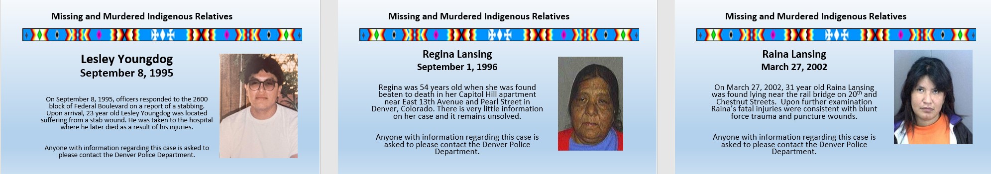 Pictures of three Murdered Indigenous persons Lesley Youngdog, Regina Lansing, Raina Lansing