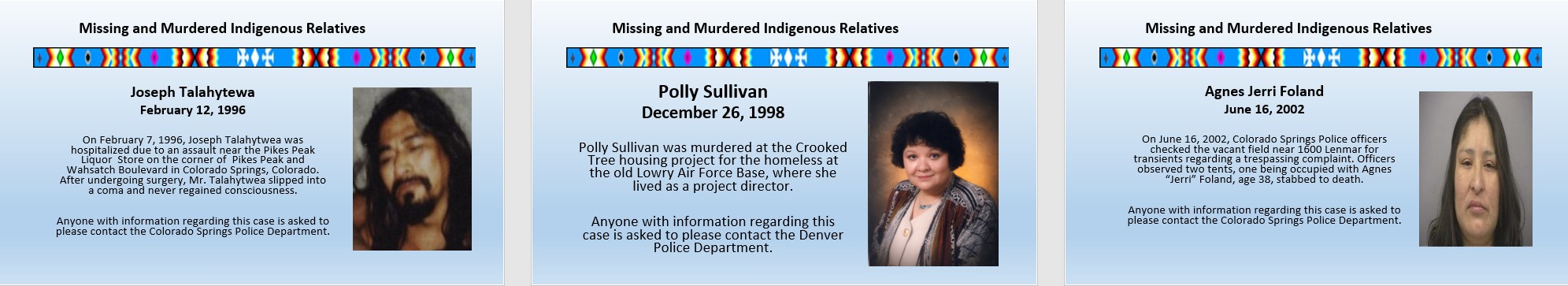 Picture of three Murdered Indigenous persons, Joseph Talahytewa, Polly Sullivan, Agnes Jerri Foland 