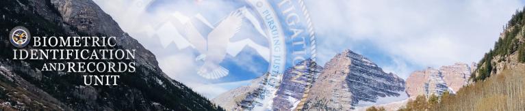 Colorado snow covered mountains with CBI seal in the middle 
