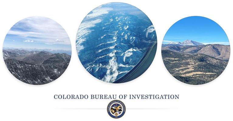 Three circular pictures of mountains from an aerial view, followed by the Colorado Bureau of Investigation seal.