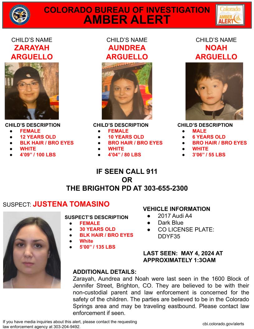 Pictures of 3 Missing Children, Zarayah, Aundrea, and Noah Arguello and their non-custodian parent Justena Tomasino