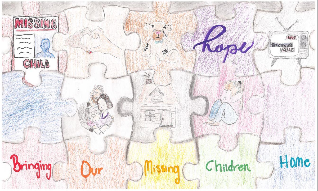 Bella Sanders winning artwork of puzzle pieces with the words Bringing Our Missing Children Home