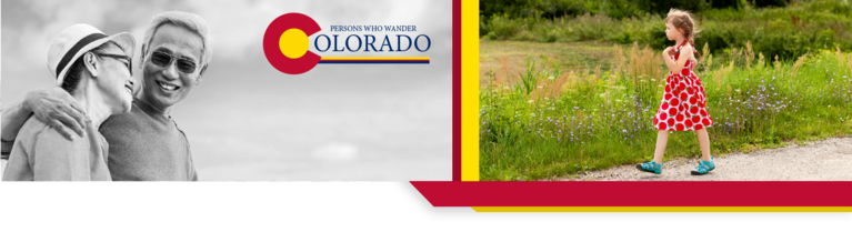 A couple hug each other, the Persons Who Wander Colorado logo is present, and the young girl walks along a path.